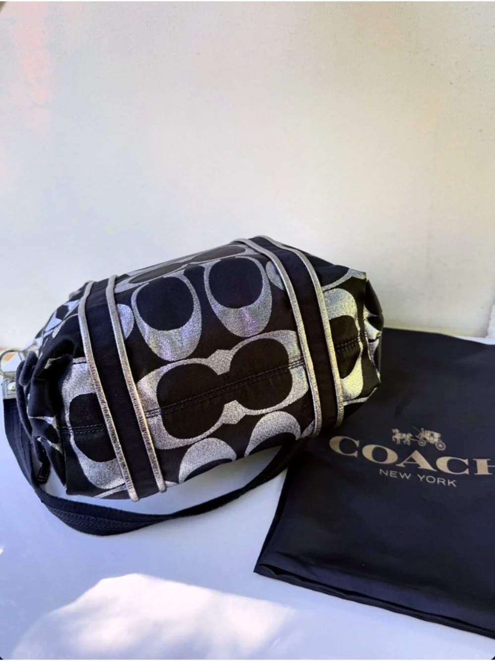 Coach Poppy Metallic Signature Satchel — Glitter Tag + Silver Hangtag + Dust Bag